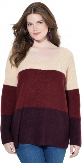 Ulla Popken Cable Knit Block Stripe V-Neck Sweater Dark Ruby - Megztiniai ir džemperiai - 