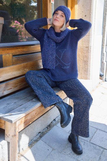 Ulla Popken Textured Glitter Embroidery Oversized Sweater Ink Blue - Megztiniai ir džemperiai - 