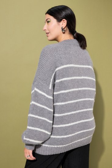 Ulla Popken Oversized Striped Balloon Sleeve Sweater Grey Melange - Megztiniai ir džemperiai - 
