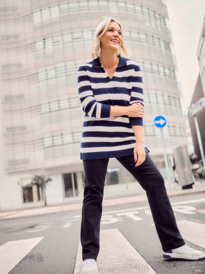 Ulla Popken Striped Polo Collar Long Sleeve Sweater Navy - Megztiniai ir džemperiai - 