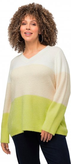 Ulla Popken Block Stripe Long Sleeve V-Neck Sweater Lime Green - Megztiniai ir džemperiai - 