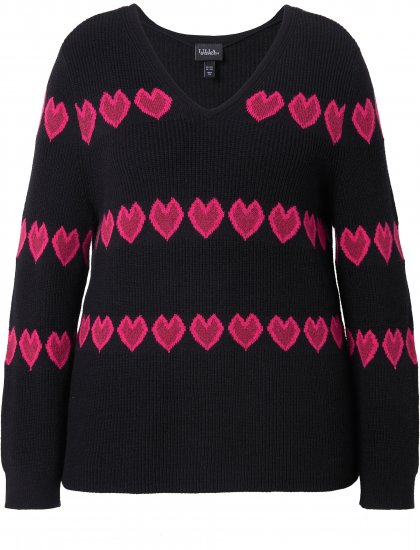 Ulla Popken Heart Print Long Sleeve V-Neck Sweater Black - Megztiniai ir džemperiai - 