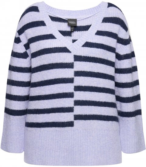 Ulla Popken Split Stripe Long Sleeve V-Neck Sweater Blue Grey - Megztiniai ir džemperiai - 