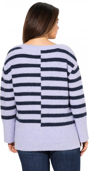 Ulla Popken Split Stripe Long Sleeve V-Neck Sweater Blue Grey - Megztiniai ir džemperiai - 