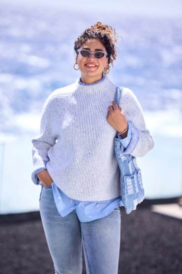 Ulla Popken Striped Wool Blend Turtleneck Sweater Sky Blue - Megztiniai ir džemperiai - 