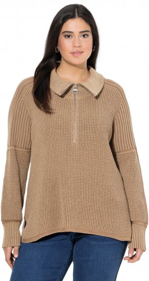 Ulla Popken Two-Tone Mixed Knit Troyer Collar Sweater Caramel - Megztiniai ir džemperiai - 