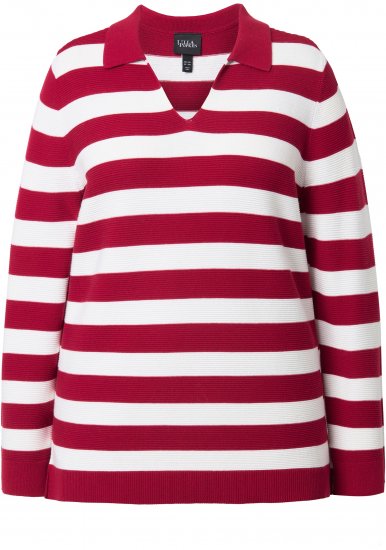 Ulla Popken Striped Polo Collar Long Sleeve Sweater Ruby Red - Megztiniai ir džemperiai - 