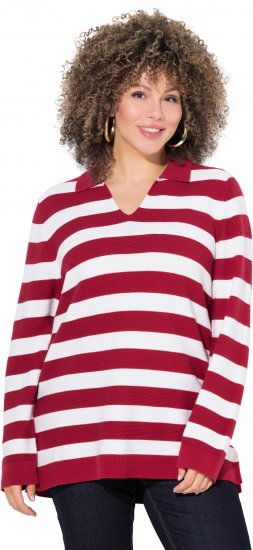 Ulla Popken Striped Polo Collar Long Sleeve Sweater Ruby Red - Megztiniai ir džemperiai - 