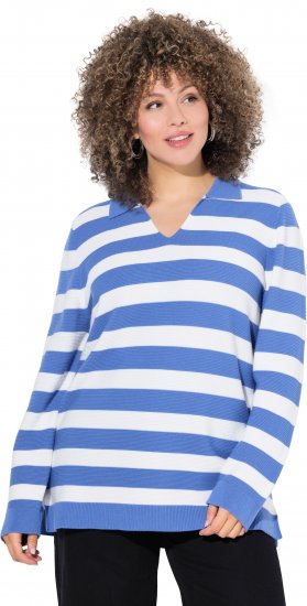 Ulla Popken Striped Polo Collar Long Sleeve Sweater Aegean Blue - Megztiniai ir džemperiai - 