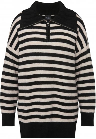 Ulla Popken Striped Troyer Collar Sweater Black - Megztiniai ir džemperiai - 