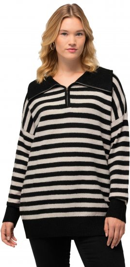Ulla Popken Striped Troyer Collar Sweater Black - Megztiniai ir džemperiai - 