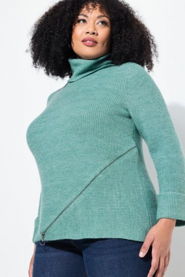 Ulla Popken Asymmetric Zipper Turtleneck Sweater Green - Megztiniai ir džemperiai - Jaukūs džemperiai ir megztiniai