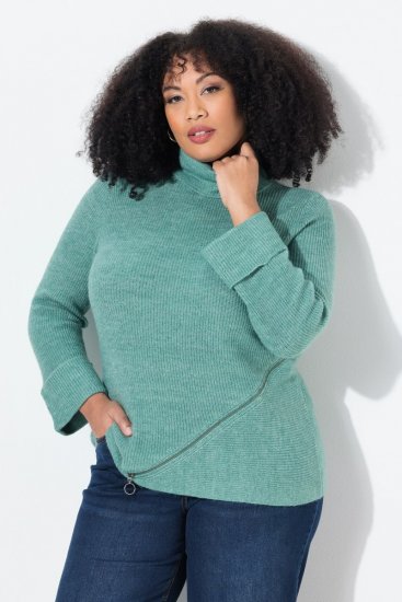 Ulla Popken Asymmetric Zipper Turtleneck Sweater Green - Megztiniai ir džemperiai - Jaukūs džemperiai ir megztiniai