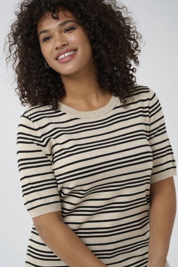 Kaffe Curve Lizzy Dryžuotas megztinis Smėlio/Juoda dryžuota - Spausdinti marškinėliai moterims - 