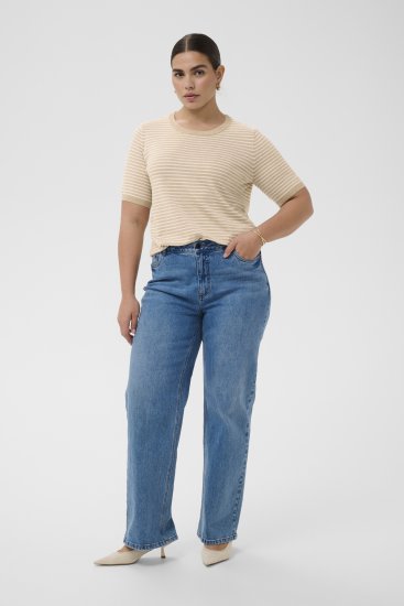 Kaffe Curve Lizzy Knit T-Shirt Feather Melange/Chalk Fine Stripe - Marškinėliai - 