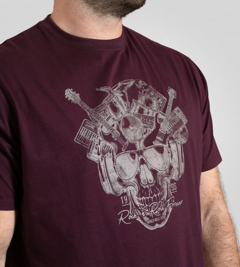 D555 Grimsby Rock n' Roll Skull Printed T-Shirt Burgundy - Didelių vyrų marškinėliai su spaudiniais - Didelių vyrų marškinėliai su spaudiniais