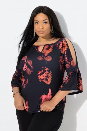 Ulla Popken Botanical Print Cold Shoulder Top Black - Marškinėliai - 