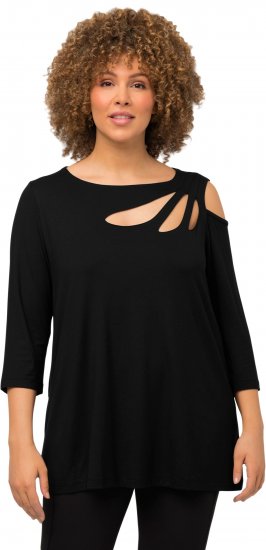 Ulla Popken Asymmetric Petal Cutouts A-line Fit Stretch Knit Top Black - Marškinėliai - 