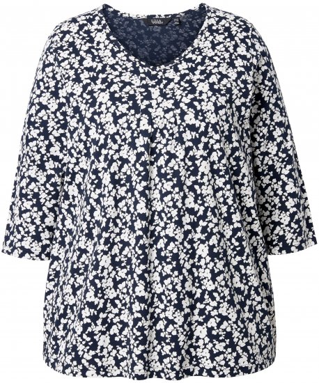 Ulla Popken Floral 3/4 Sleeve V-Neck A-Line Tee Navy - Marškinėliai - 