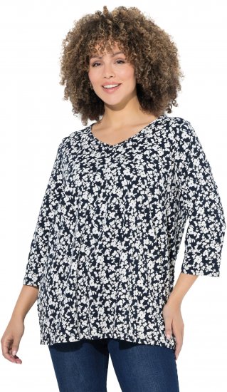 Ulla Popken Floral 3/4 Sleeve V-Neck A-Line Tee Navy - Marškinėliai - 