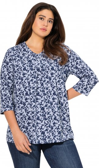 Ulla Popken Floral 3/4 Sleeve V-Neck A-Line Tee Blue - Marškinėliai - 