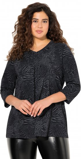 Ulla Popken Animal Print 3/4 Sleeve V-Neck Tee Black - Marškinėliai - 