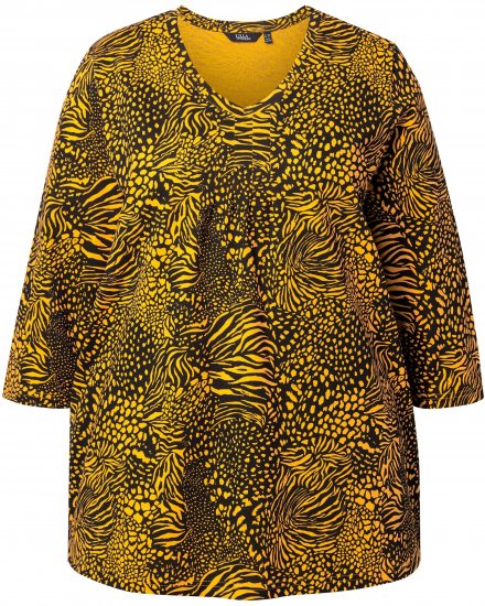 Ulla Popken Animal Print 3/4 Sleeve V-Neck Tee Neon Orange - Marškinėliai - 