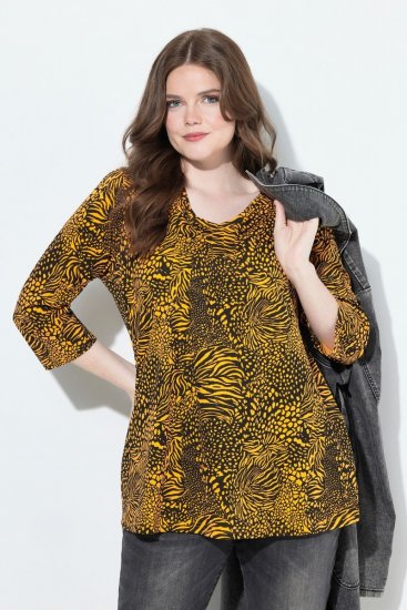 Ulla Popken Animal Print 3/4 Sleeve V-Neck Tee Neon Orange - Marškinėliai - Moteriški marškinėliai