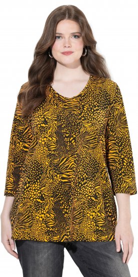 Ulla Popken Animal Print 3/4 Sleeve V-Neck Tee Neon Orange - Marškinėliai - 