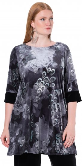 Ulla Popken Velvet Peacock Feather 3/4 Sleeve Tunic Blouse Black - Marškinėliai - 