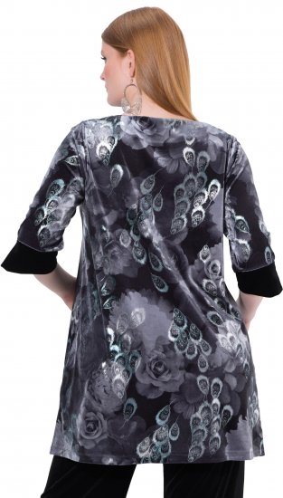 Ulla Popken Velvet Peacock Feather 3/4 Sleeve Tunic Blouse Black - Marškinėliai - 