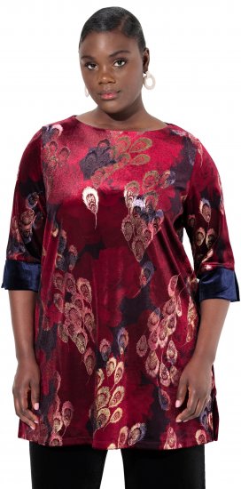Ulla Popken Velvet Peacock Feather 3/4 Sleeve Tunic Blouse Wine Red - Marškinėliai - 
