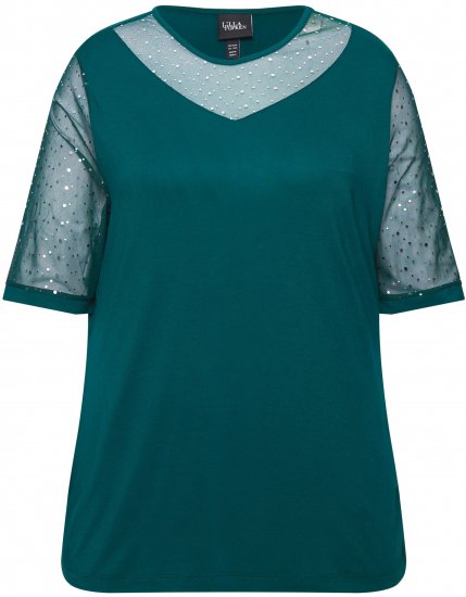 Ulla Popken Sequined Mesh Sleeve Blouse Dark Green - Marškinėliai - 