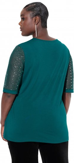 Ulla Popken Sequined Mesh Sleeve Blouse Dark Green - Marškinėliai - 