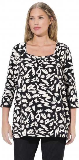 Ulla Popken Scribble Print Square Neck 3/4 Sleeve Tee Black - Spausdinti marškinėliai moterims - 