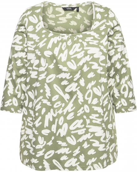 Ulla Popken Scribble Print Square Neck 3/4 Sleeve Tee Sage Green - Spausdinti marškinėliai moterims - 