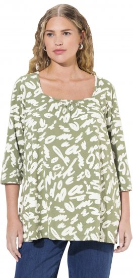 Ulla Popken Scribble Print Square Neck 3/4 Sleeve Tee Sage Green - Spausdinti marškinėliai moterims - 