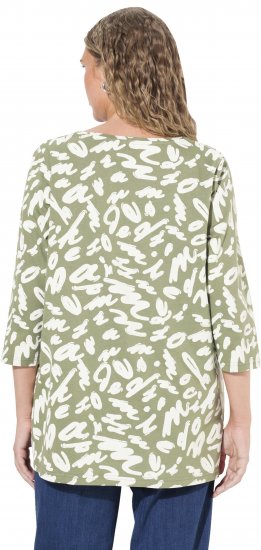 Ulla Popken Scribble Print Square Neck 3/4 Sleeve Tee Sage Green - Spausdinti marškinėliai moterims - 