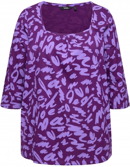 Ulla Popken Scribble Print Square Neck 3/4 Sleeve Tee Violet - Spausdinti marškinėliai moterims - 