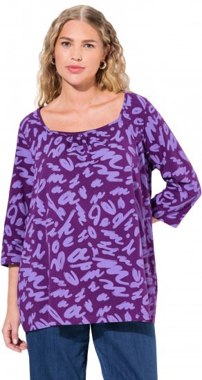 Ulla Popken Scribble Print Square Neck 3/4 Sleeve Tee Violet - Spausdinti marškinėliai moterims - 