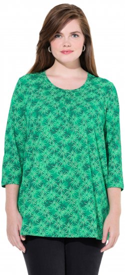 Ulla Popken Graphic Flower A-Line 3/4 Sleeve Tee Moss Green - Marškinėliai - 
