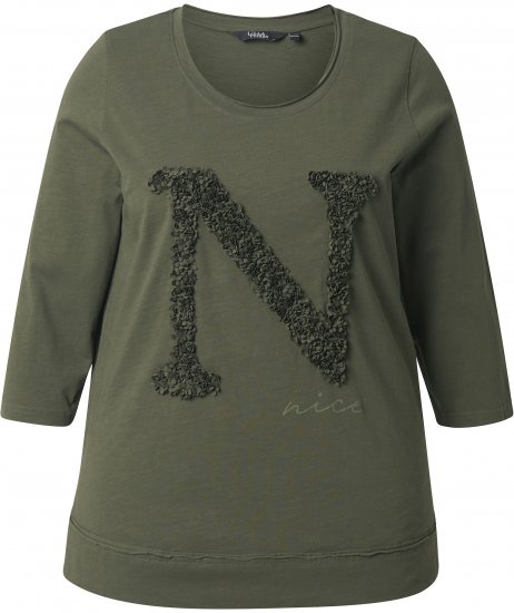 Ulla Popken Textured Lettering 3/4 Sleeve Tee Olive - Spausdinti marškinėliai moterims - 