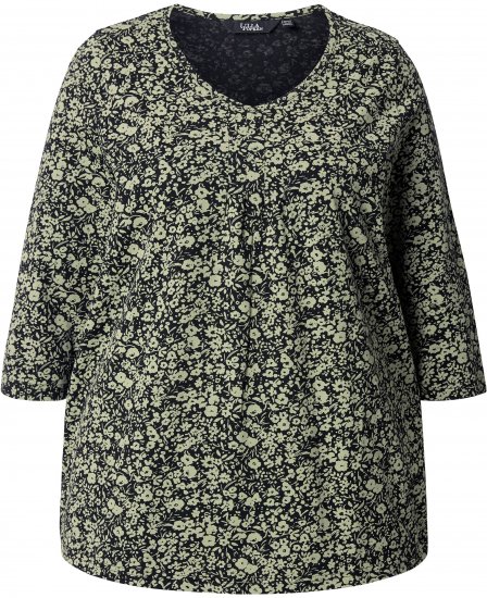 Ulla Popken Pleated Floral Print 3/4 Sleeve Tee Pond Green - Spausdinti marškinėliai moterims - 
