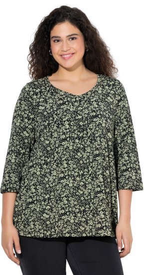 Ulla Popken Pleated Floral Print 3/4 Sleeve Tee Pond Green - Spausdinti marškinėliai moterims - 
