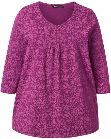 Ulla Popken Pleated Floral Print 3/4 Sleeve Tee Raspberry - Spausdinti marškinėliai moterims - 
