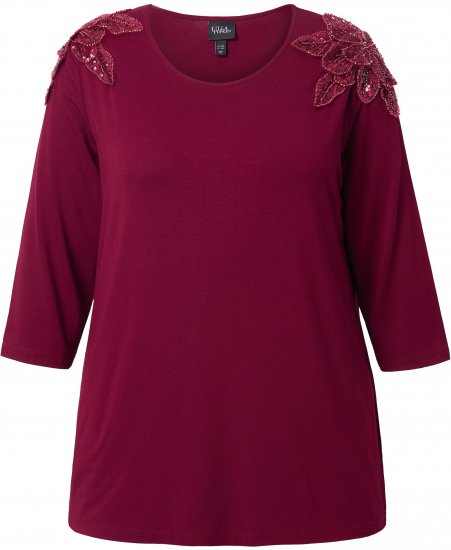 Ulla Popken Flower Epaulet 3/4 Sleeve Top Dark Cherry Red - Spausdinti marškinėliai moterims - 
