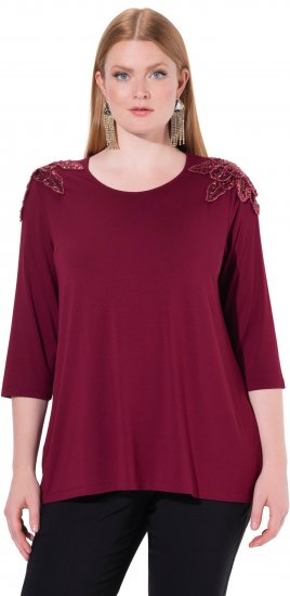 Ulla Popken Flower Epaulet 3/4 Sleeve Top Dark Cherry Red - Spausdinti marškinėliai moterims - 