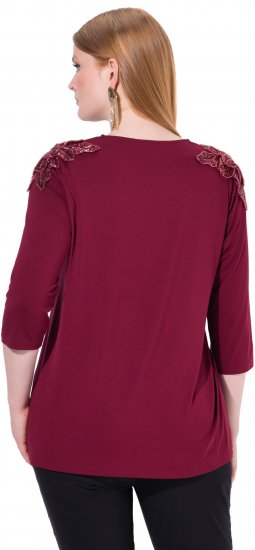 Ulla Popken Flower Epaulet 3/4 Sleeve Top Dark Cherry Red - Spausdinti marškinėliai moterims - 