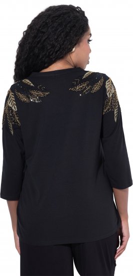 Ulla Popken Feather Beadwork 3/4 Sleeve Top Black - Spausdinti marškinėliai moterims - 