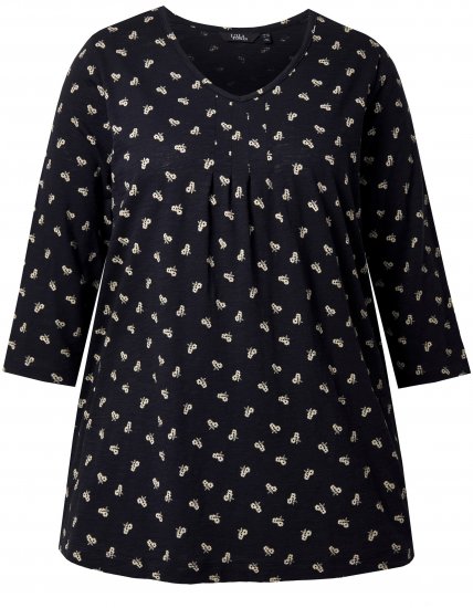 Ulla Popken Flower Print 3/4 Sleeve Tee Black - Marškinėliai - 